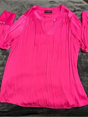 Lane Bryant Bright Pink Pleated V-Neck Tunic Blouse